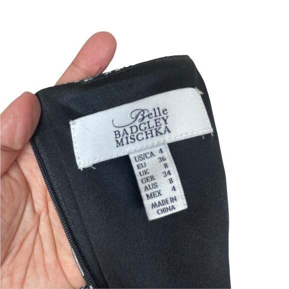 Belle Bradgley Mischka Round Neck Long Sleeve Bodycon Dress Black White Multi 4 - Picture 5 of 8